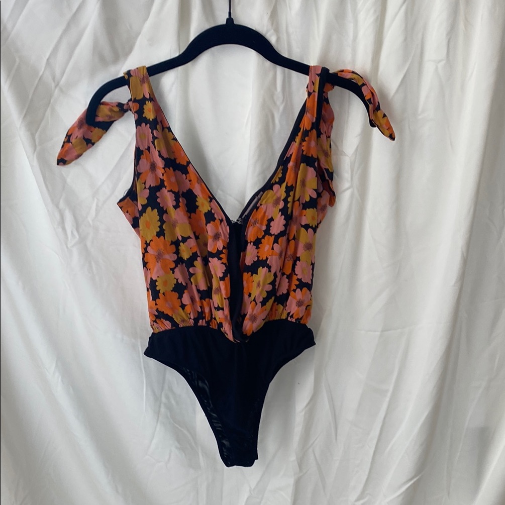 Skylar Rose Orange And Pink Floral Top With Plunging V-Neckline